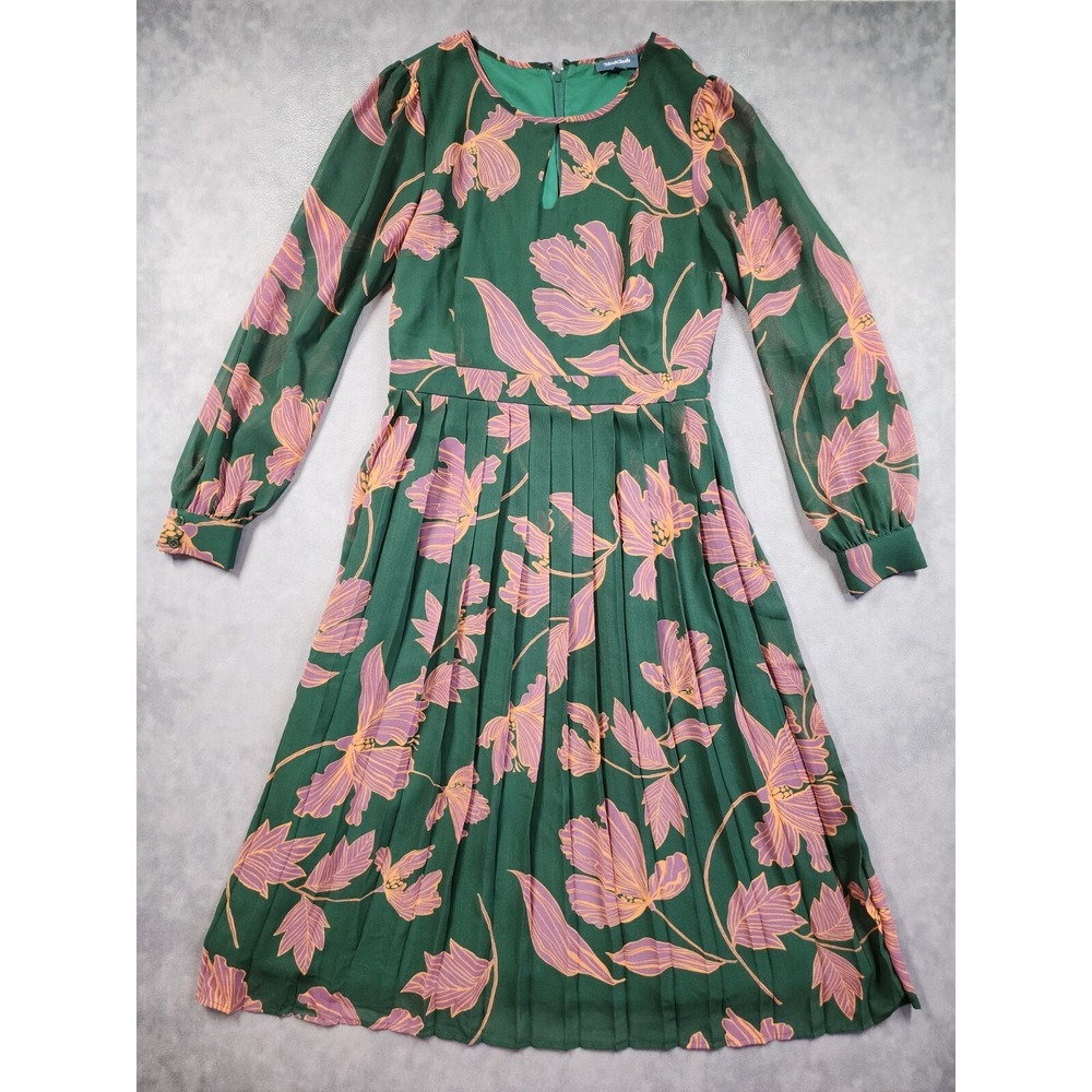 Modcloth A-Line Dress Womens 8 Green Pink Excellent Floral Pleated Bishop Sleeve